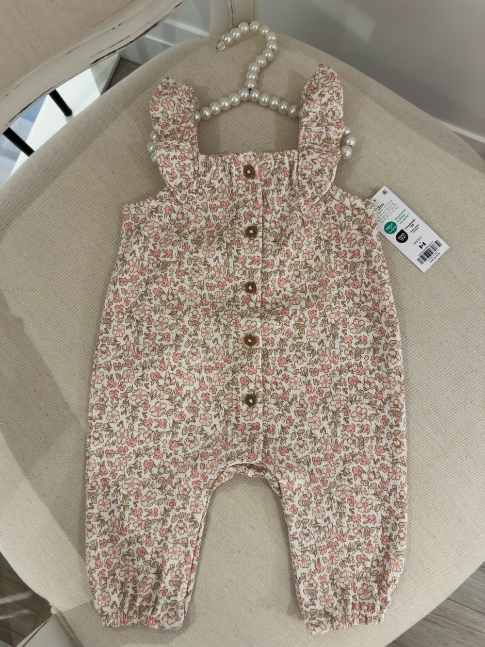 🦢 3 Mth Pretty Floral Ruffled Button-Front Baby Romper in Cream & Pink NWT